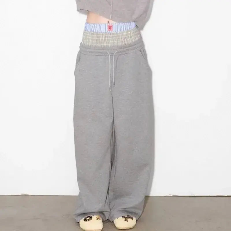 KBQ Colorblock Casual Loose Pants For Women High Waist Elastic Waist Sports Style Trousers Female Fashion Autumn Clothing New Hominus Denim