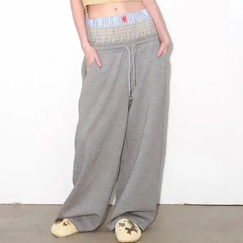 KBQ Colorblock Casual Loose Pants For Women High Waist Elastic Waist Sports Style Trousers Female Fashion Autumn Clothing New Hominus Denim