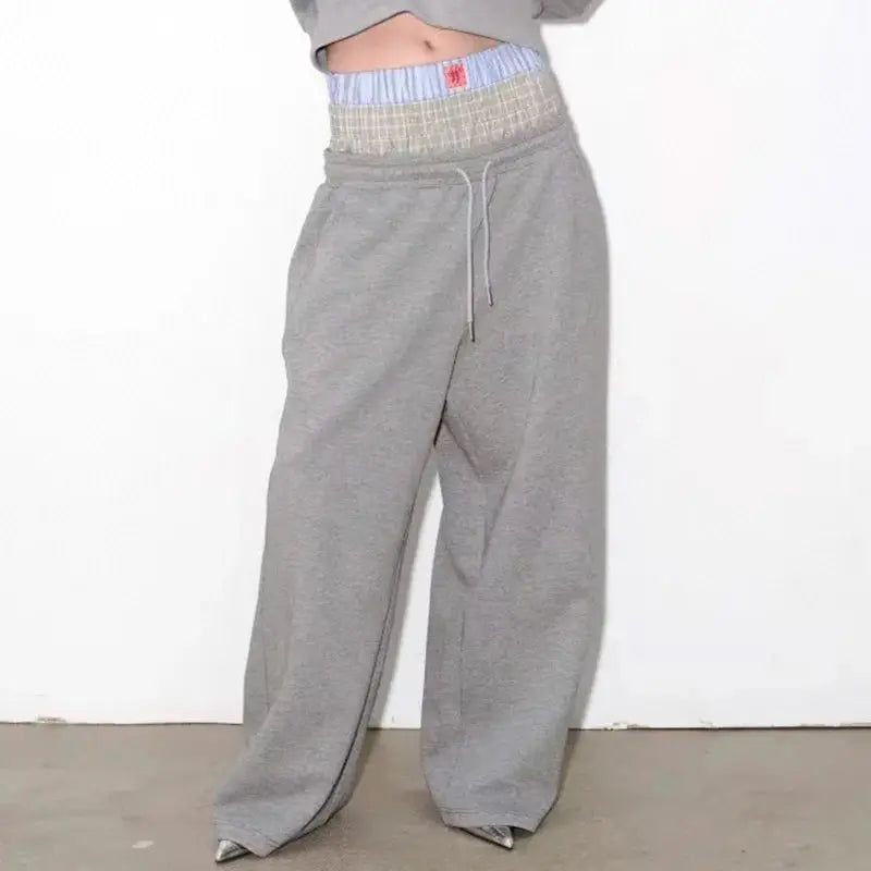 KBQ Colorblock Casual Loose Pants For Women High Waist Elastic Waist Sports Style Trousers Female Fashion Autumn Clothing New Hominus Denim