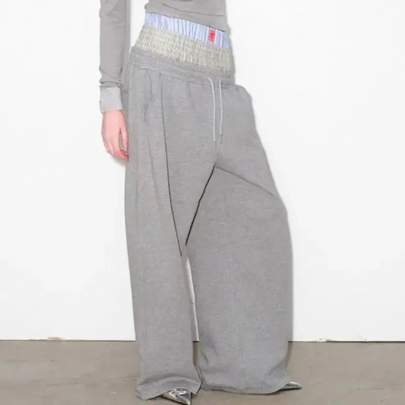 KBQ Colorblock Casual Loose Pants For Women High Waist Elastic Waist Sports Style Trousers Female Fashion Autumn Clothing New Hominus Denim