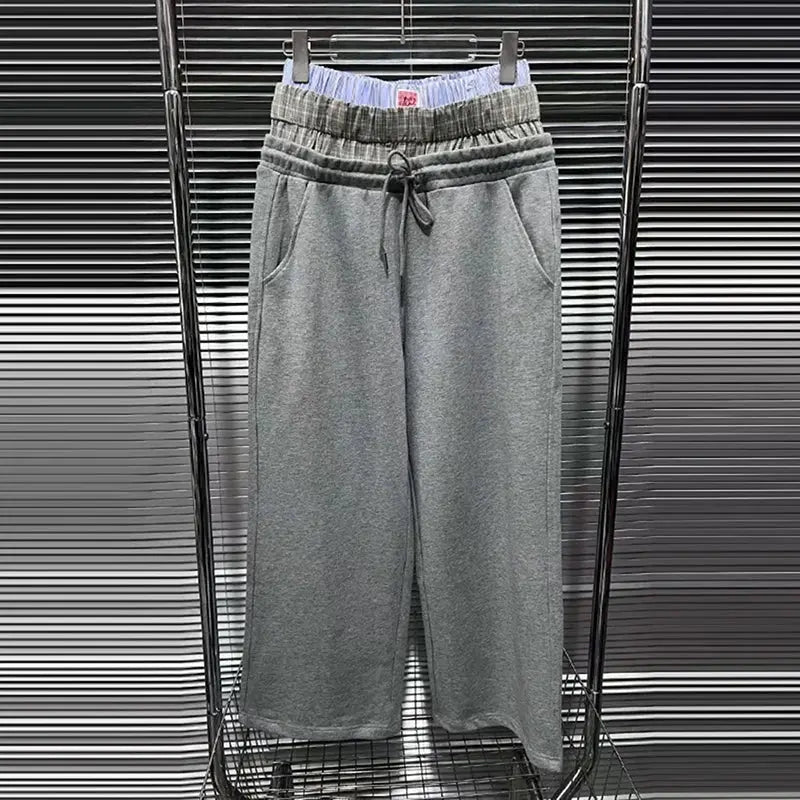 KBQ Colorblock Casual Loose Pants For Women High Waist Elastic Waist Sports Style Trousers Female Fashion Autumn Clothing New Hominus Denim