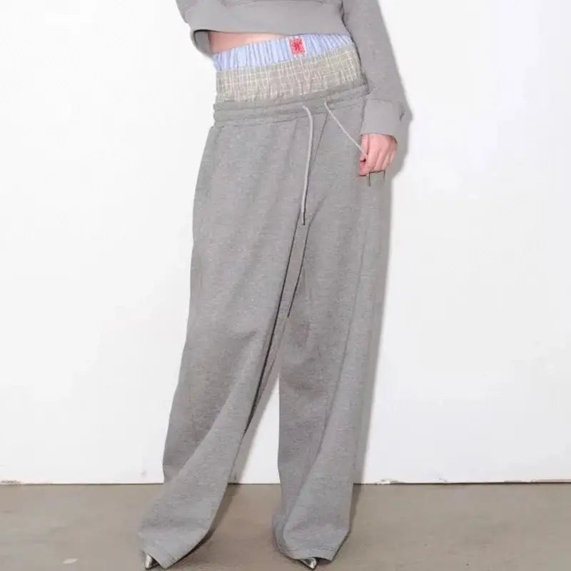 KBQ Colorblock Casual Loose Pants For Women High Waist Elastic Waist Sports Style Trousers Female Fashion Autumn Clothing New Hominus Denim