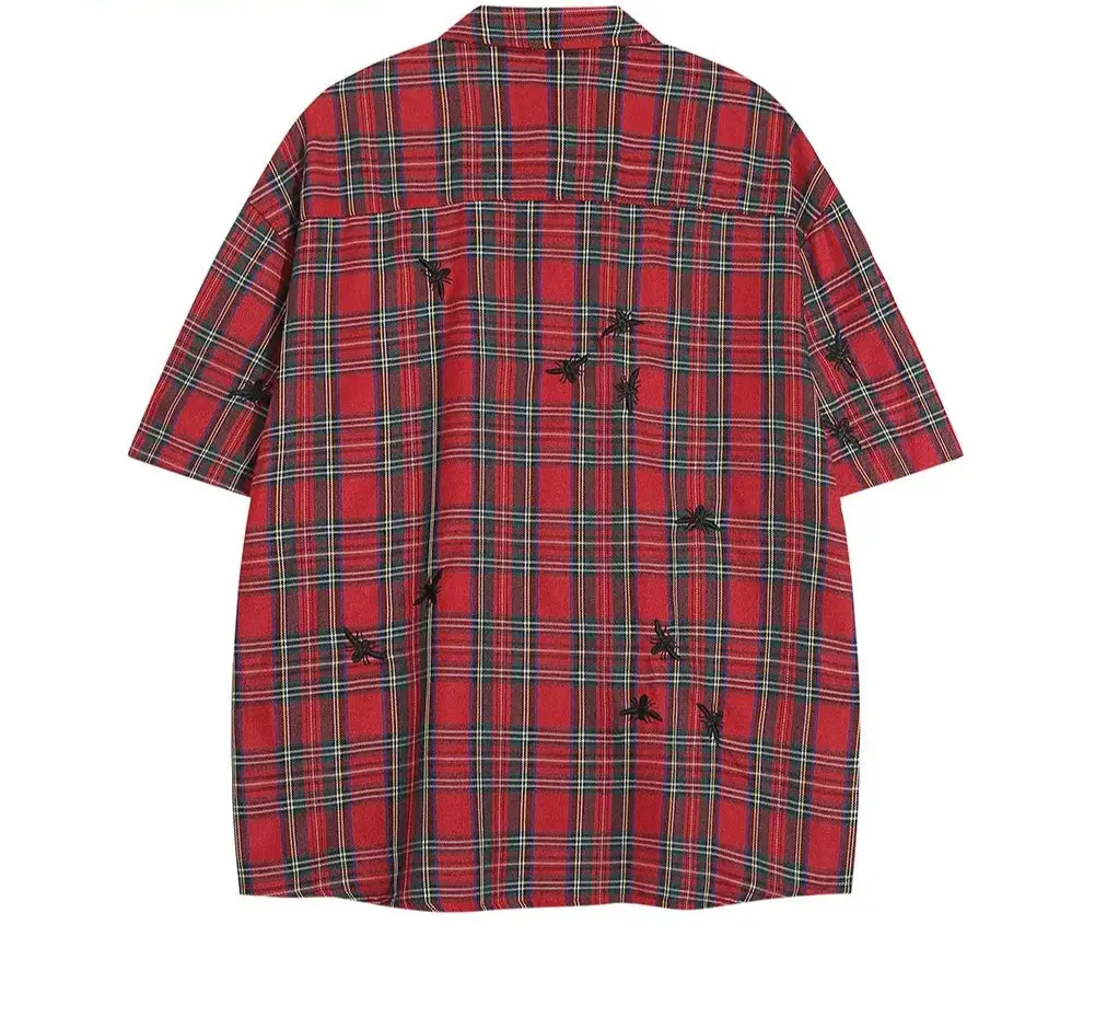 Letter Print Short Sleeve Plaid Shirts Mens Embroidery High Street Summer Lapel Half-Sleeve Single Breasted Pocket Shirts Men Hominus Denim