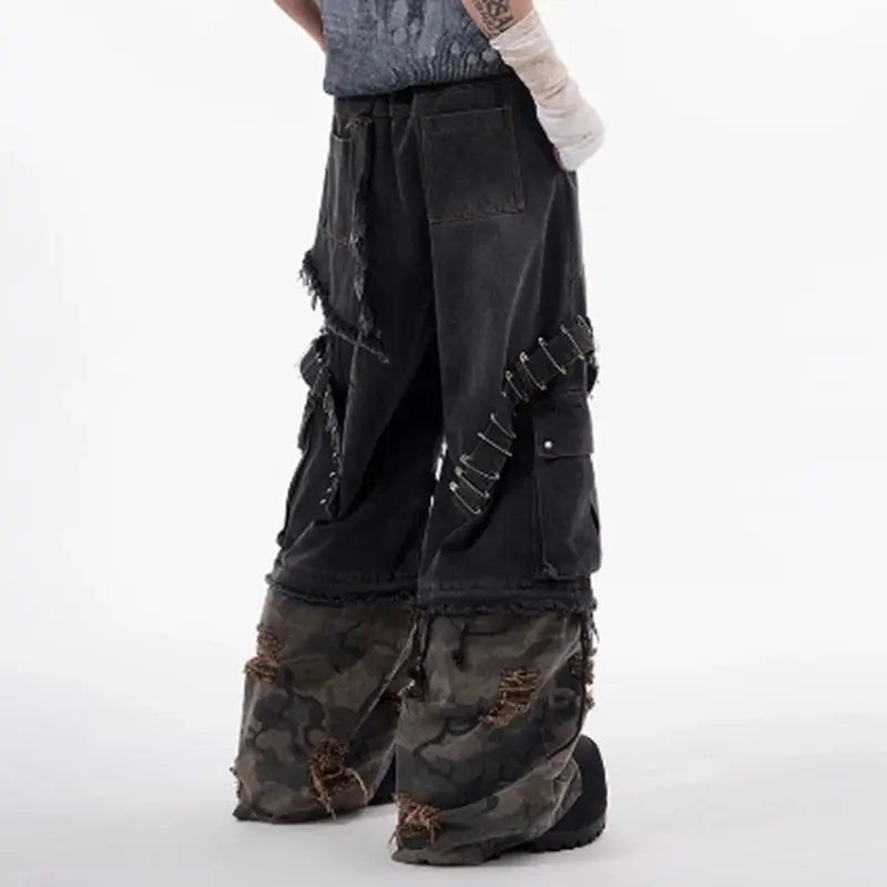 MWJLPWQ Detachable Niche Design Structure Jeans Men's Pin Heavy Camouflage Spliced WIde Leg Pants Fashion New Trousers 010803 Hominus Denim