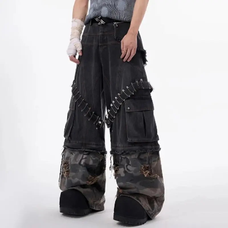 MWJLPWQ Detachable Niche Design Structure Jeans Men's Pin Heavy Camouflage Spliced WIde Leg Pants Fashion New Trousers 010803 Hominus Denim