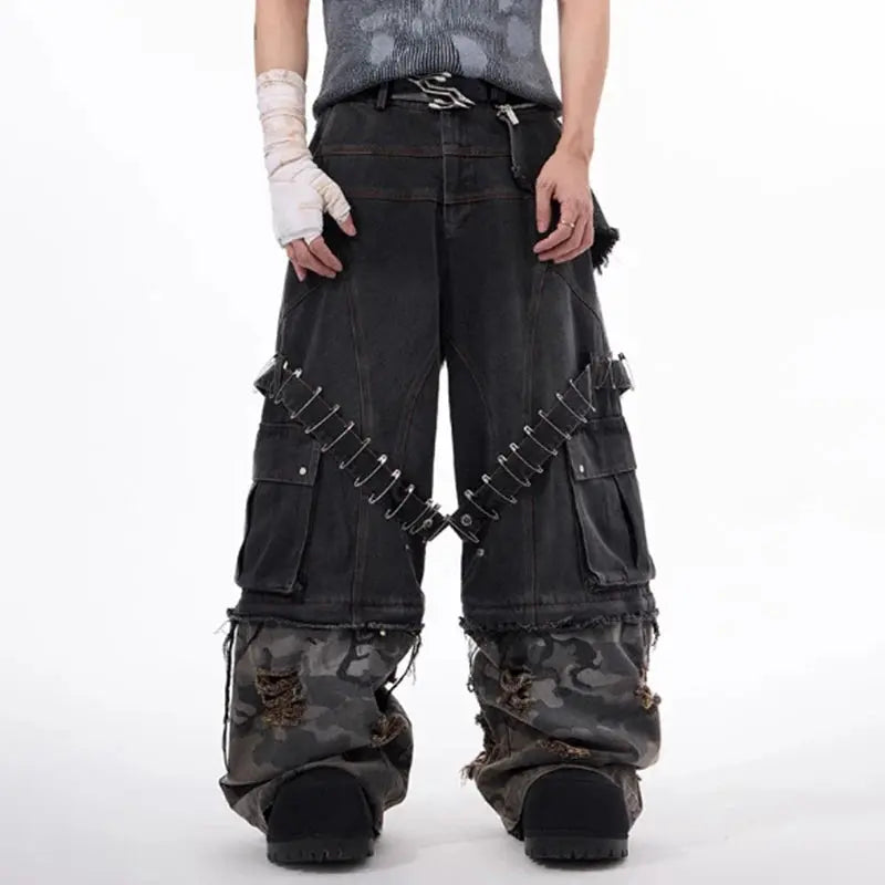 MWJLPWQ Detachable Niche Design Structure Jeans Men's Pin Heavy Camouflage Spliced WIde Leg Pants Fashion New Trousers 010803 Hominus Denim