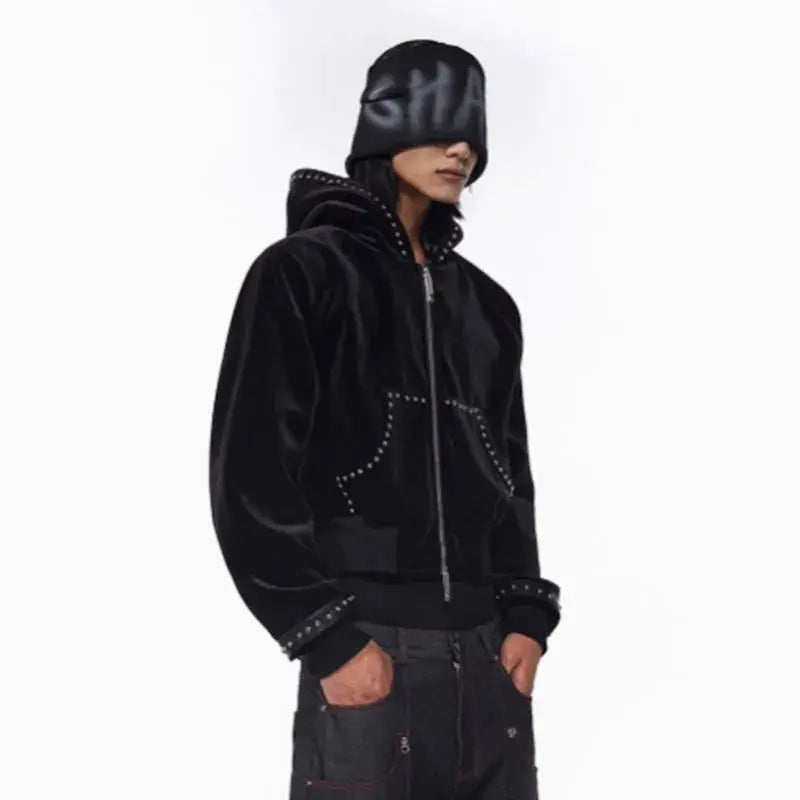 MWJLPWQ Woolen Short Hooded Sweatershirt Men Tide Large Pocket Zipper Rivet Niched Design Black Jacket 2025 Autumn New 010989 Hominus Denim