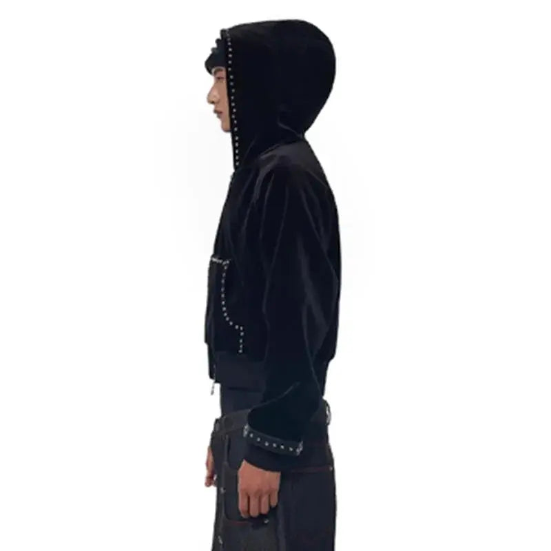 MWJLPWQ Woolen Short Hooded Sweatershirt Men Tide Large Pocket Zipper Rivet Niched Design Black Jacket 2025 Autumn New 010989 Hominus Denim