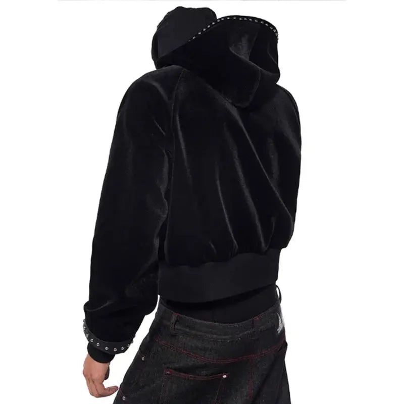 MWJLPWQ Woolen Short Hooded Sweatershirt Men Tide Large Pocket Zipper Rivet Niched Design Black Jacket 2025 Autumn New 010989 Hominus Denim