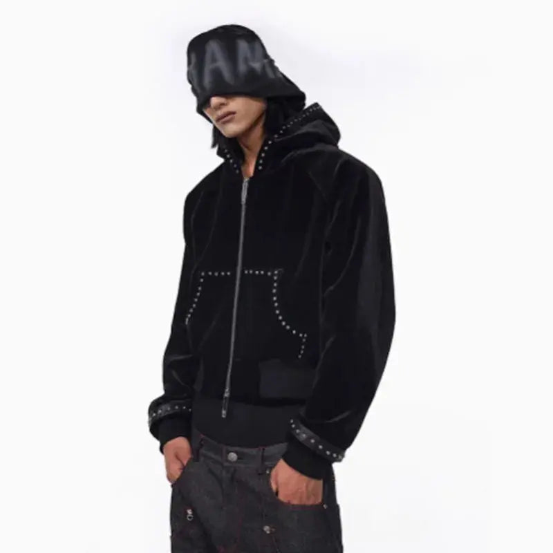 MWJLPWQ Woolen Short Hooded Sweatershirt Men Tide Large Pocket Zipper Rivet Niched Design Black Jacket 2025 Autumn New 010989 Hominus Denim