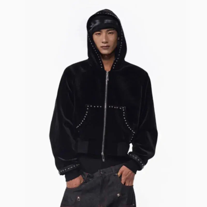 MWJLPWQ Woolen Short Hooded Sweatershirt Men Tide Large Pocket Zipper Rivet Niched Design Black Jacket 2025 Autumn New 010989 Hominus Denim
