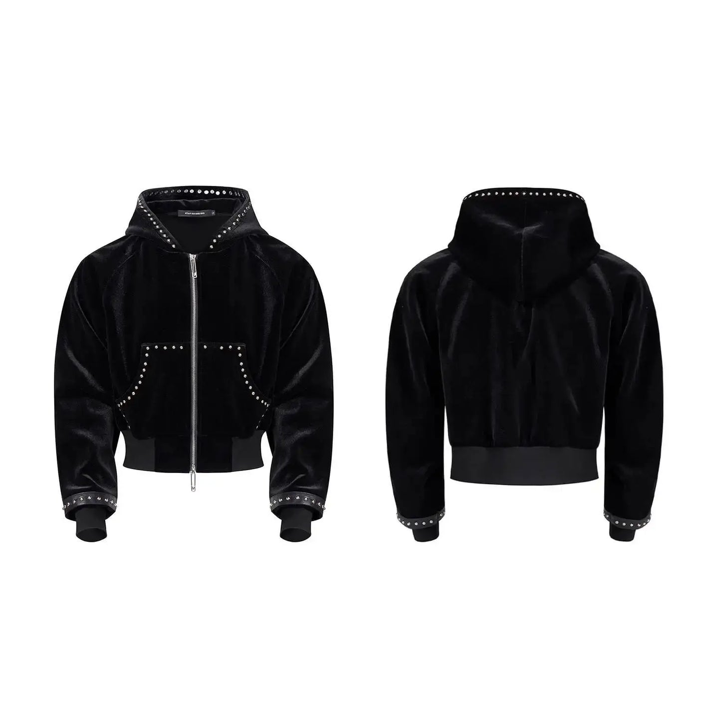 MWJLPWQ Woolen Short Hooded Sweatershirt Men Tide Large Pocket Zipper Rivet Niched Design Black Jacket 2025 Autumn New 010989 Hominus Denim