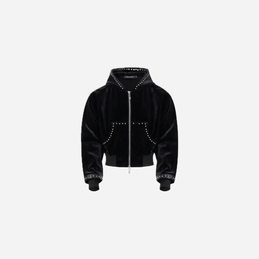 MWJLPWQ Woolen Short Hooded Sweatershirt Men Tide Large Pocket Zipper Rivet Niched Design Black Jacket 2025  Autumn New 010989 Hominus Denim