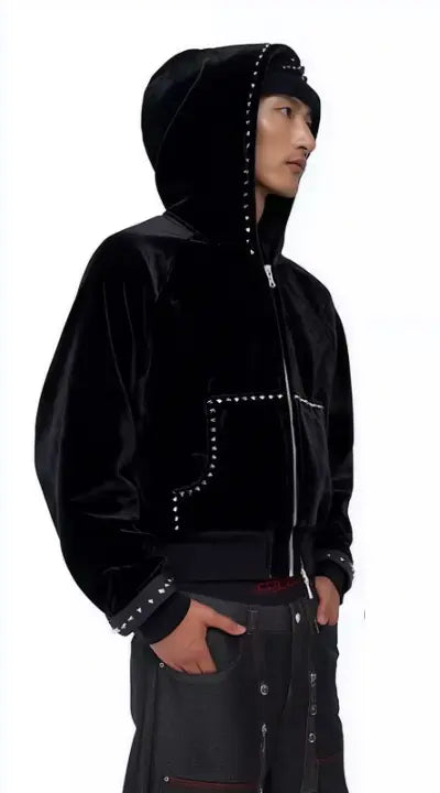 MWJLPWQ Woolen Short Hooded Sweatershirt Men Tide Large Pocket Zipper Rivet Niched Design Black Jacket 2025 Autumn New 010989 Hominus Denim