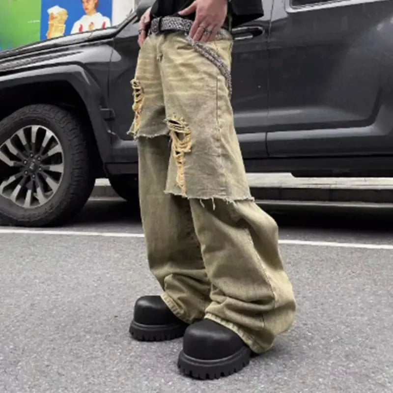 MWJQ Fake Two Piece Y2K Hole Jeans Men's Wide Leg Pants Mud Dyed Spliced Niche Design Distress Washed Loose Denim Trouser 010433 Hominus Denim