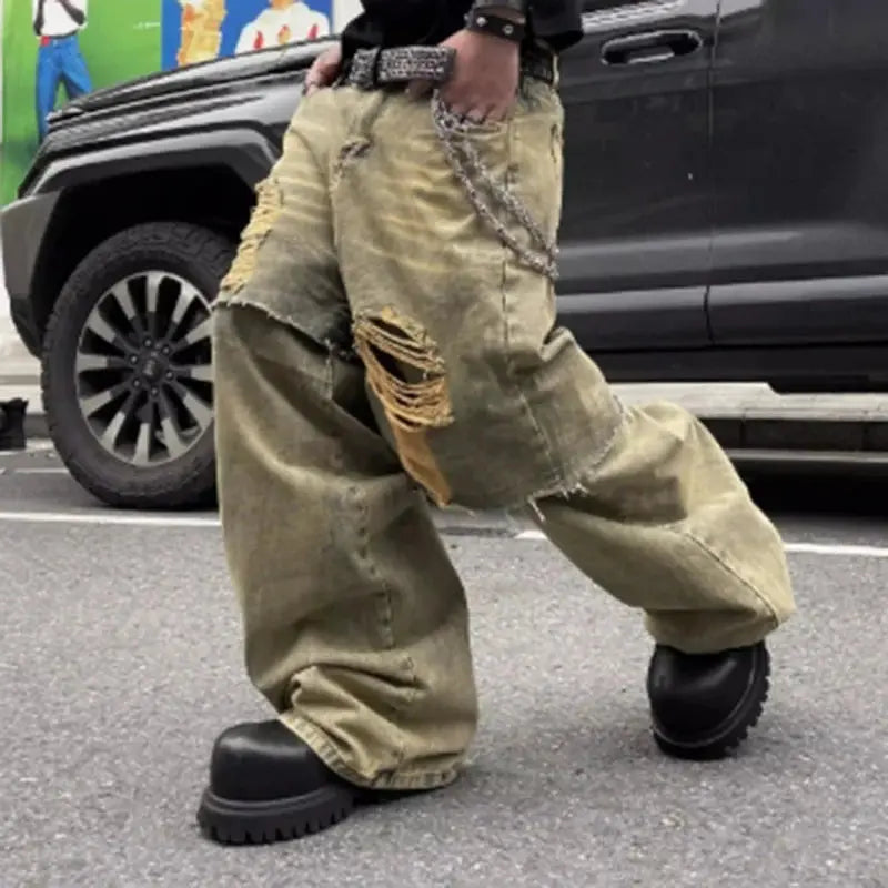 MWJQ Fake Two Piece Y2K Hole Jeans Men's Wide Leg Pants Mud Dyed Spliced Niche Design Distress Washed Loose Denim Trouser 010433 Hominus Denim