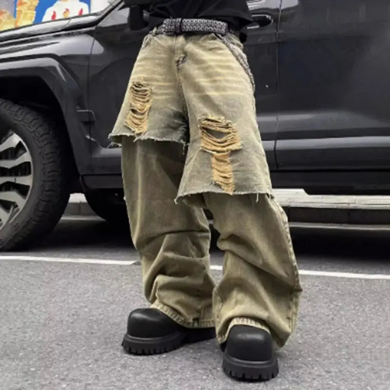 MWJQ Fake Two Piece Y2K Hole Jeans Men's Wide Leg Pants Mud Dyed Spliced Niche Design Distress Washed Loose Denim Trouser 010433 Hominus Denim