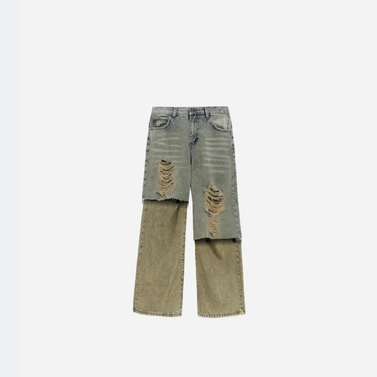 MWJQ Fake Two Piece Y2K Hole Jeans Men's Wide Leg Pants Mud Dyed Spliced Niche Design Distress Washed Loose Denim Trouser 010433 Hominus Denim