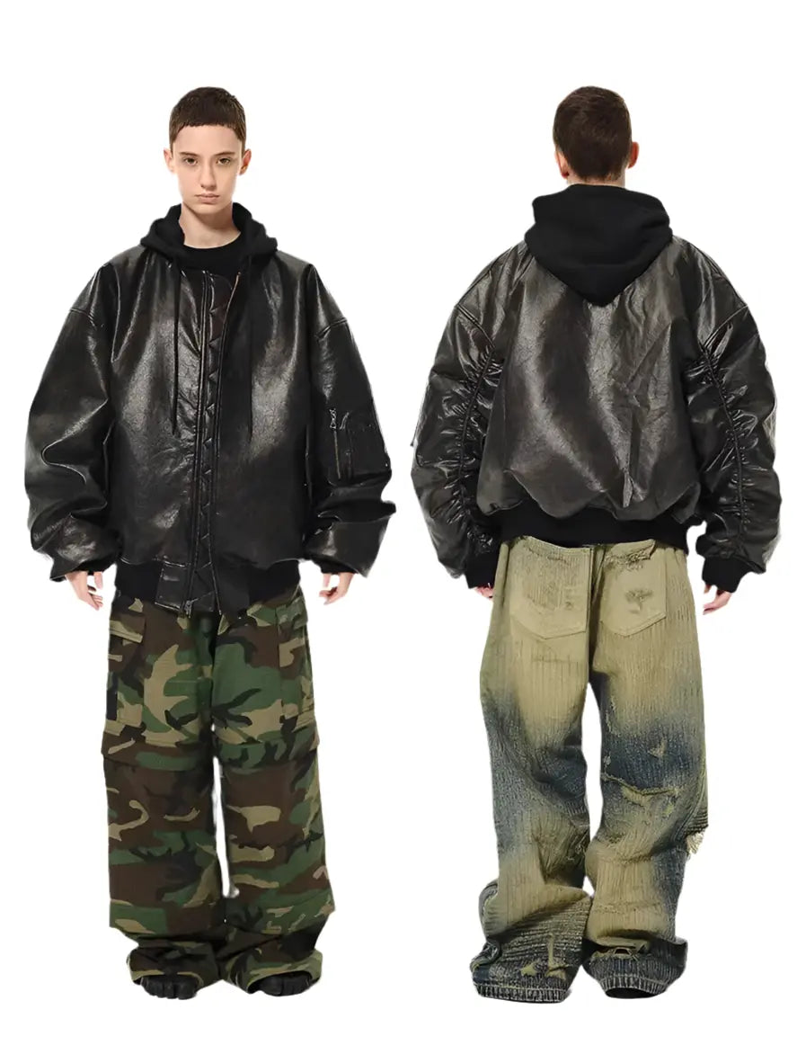 Mauroicardi Spring Autumn Cool Handsome Oversized Distressed Pu Leather Jacket Men with Detachable Hood Luxury Designer Clothes Hominus Denim