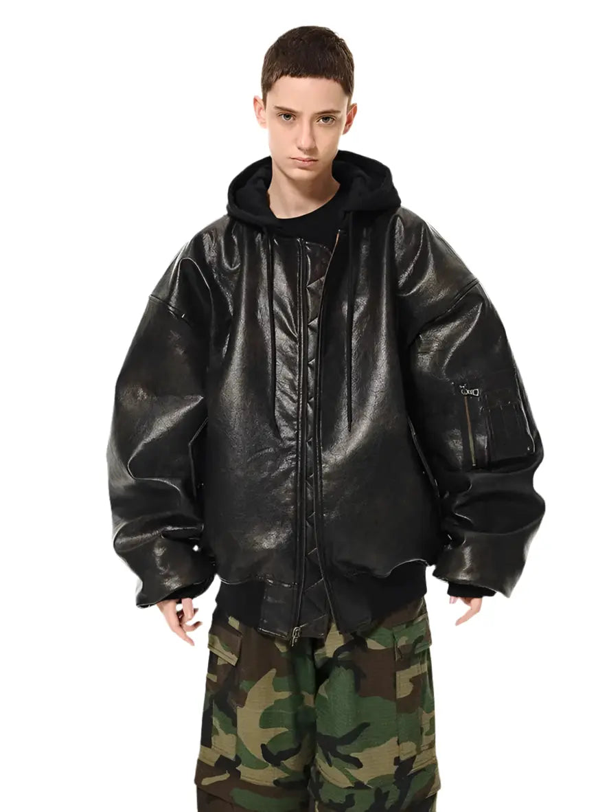 Mauroicardi Spring Autumn Cool Handsome Oversized Distressed Pu Leather Jacket Men with Detachable Hood Luxury Designer Clothes Hominus Denim