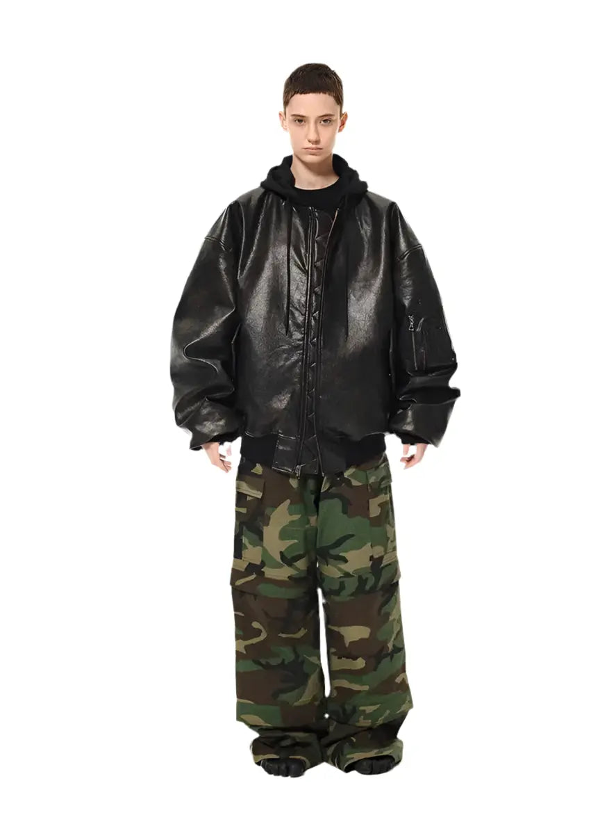 Mauroicardi Spring Autumn Cool Handsome Oversized Distressed Pu Leather Jacket Men with Detachable Hood Luxury Designer Clothes Hominus Denim