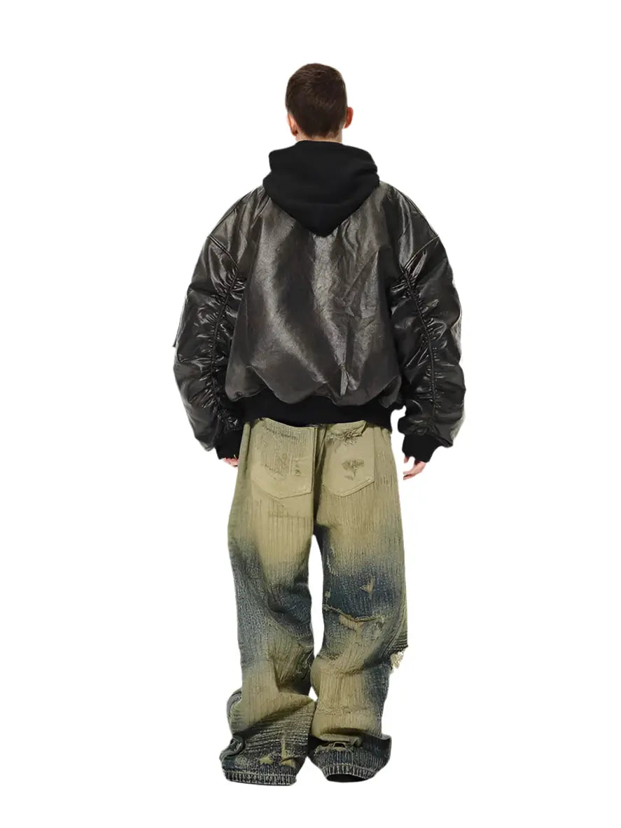 Mauroicardi Spring Autumn Cool Handsome Oversized Distressed Pu Leather Jacket Men with Detachable Hood Luxury Designer Clothes Hominus Denim