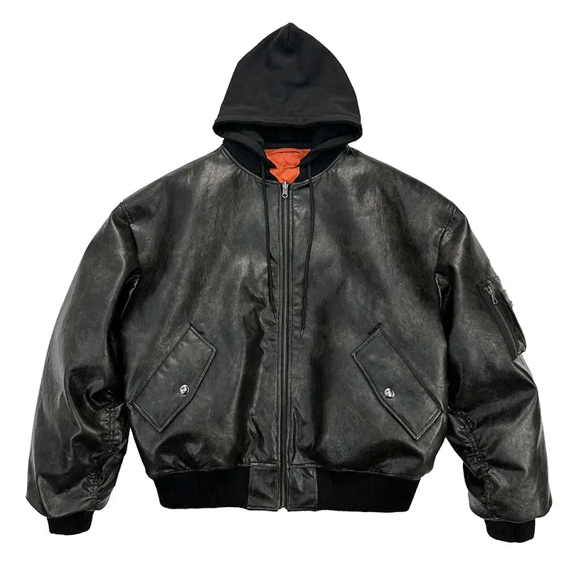 Mauroicardi Spring Autumn Cool Handsome Oversized Distressed Pu Leather Jacket Men with Detachable Hood Luxury Designer Clothes Hominus Denim