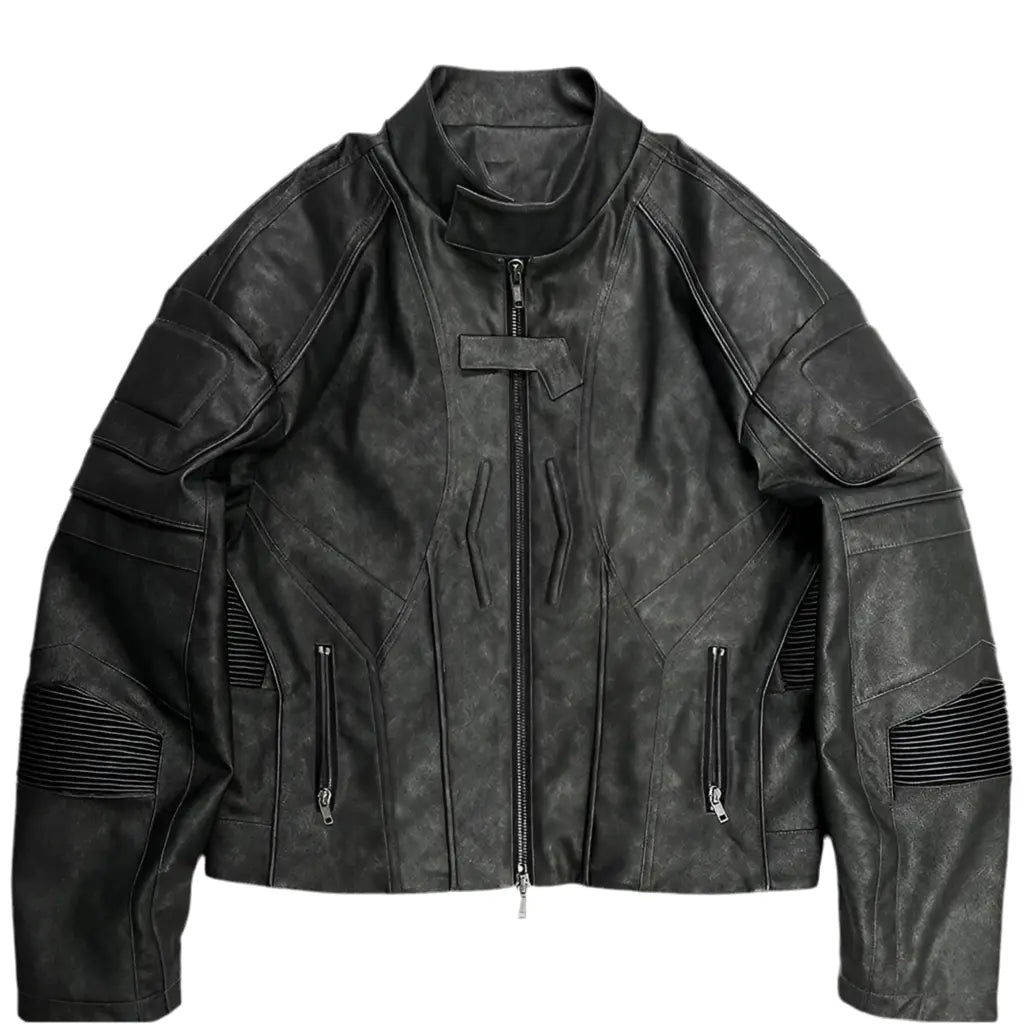Mauroicardi Spring Autumn Cool Handsome Vintage Short Distressed Black Faux Leather Racer Jacket Men Shoulder Pads Hominus Denim