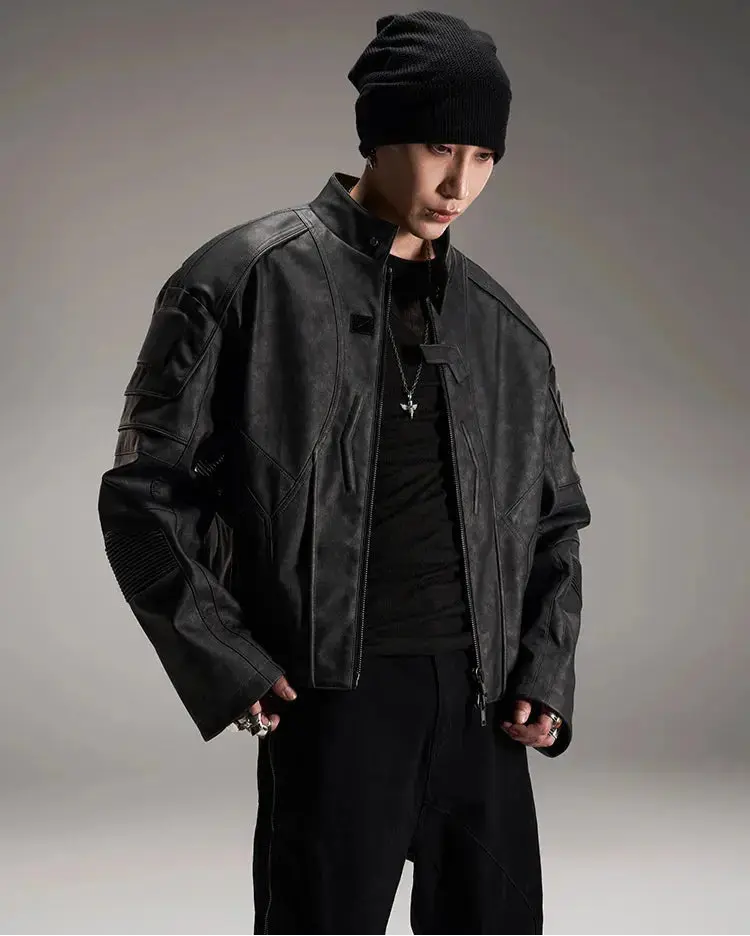 Mauroicardi Spring Autumn Cool Handsome Vintage Short Distressed Black Faux Leather Racer Jacket Men Shoulder Pads Hominus Denim