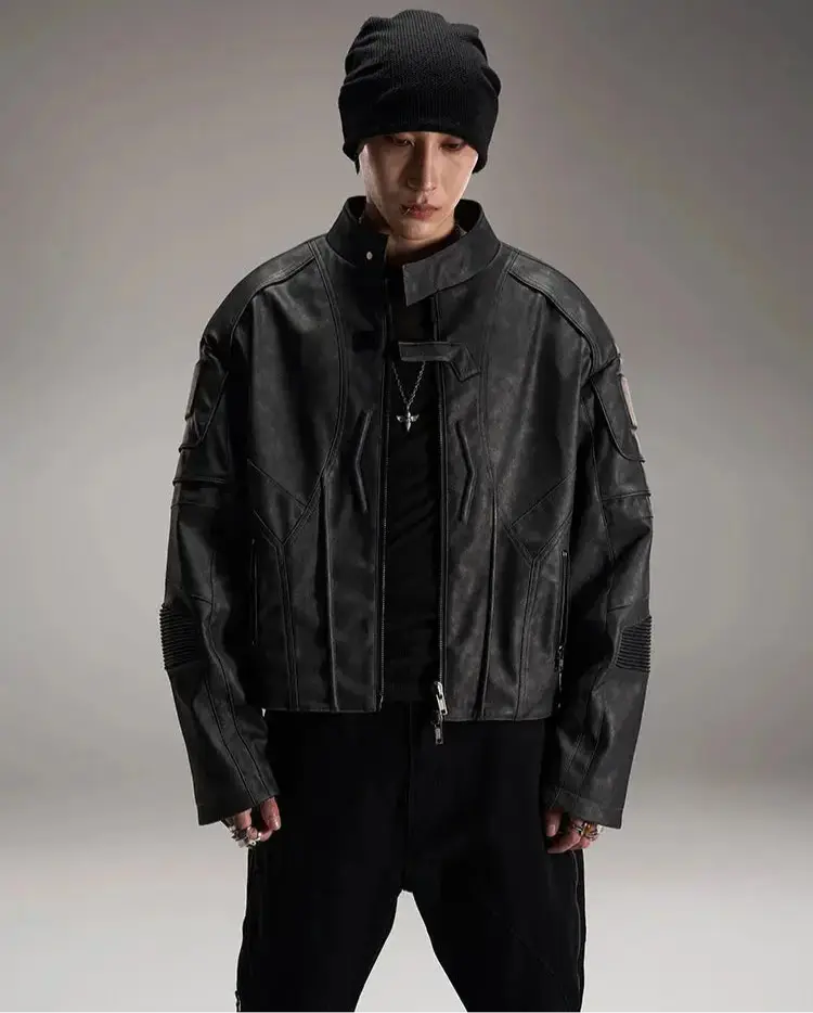 Mauroicardi Spring Autumn Cool Handsome Vintage Short Distressed Black Faux Leather Racer Jacket Men Shoulder Pads Hominus Denim