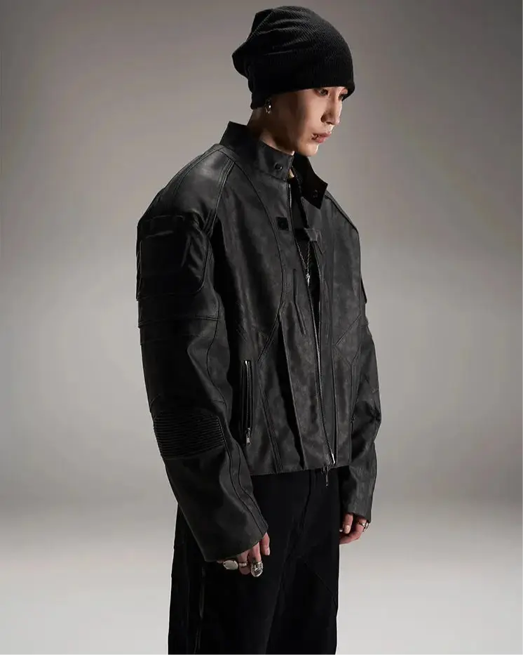 Mauroicardi Spring Autumn Cool Handsome Vintage Short Distressed Black Faux Leather Racer Jacket Men Shoulder Pads Hominus Denim