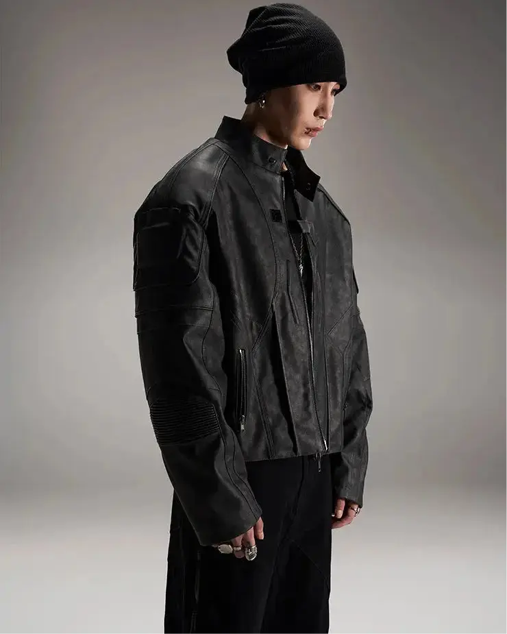 Mauroicardi Spring Autumn Cool Handsome Vintage Short Distressed Black Faux Leather Racer Jacket Men Shoulder Pads Hominus Denim