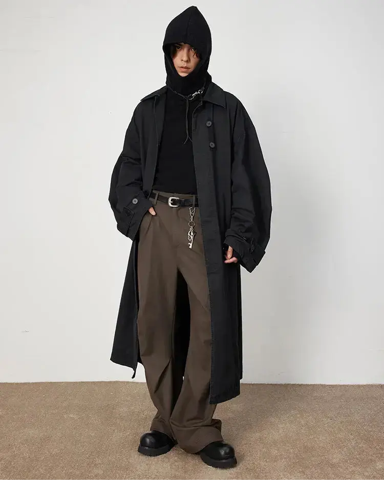 Mauroicardi Spring Autumn Oversized Long Flowy Trench Coat Men Turn-down Collar Single Breasted Loose Casual Black Clothes 2024 Hominus Denim