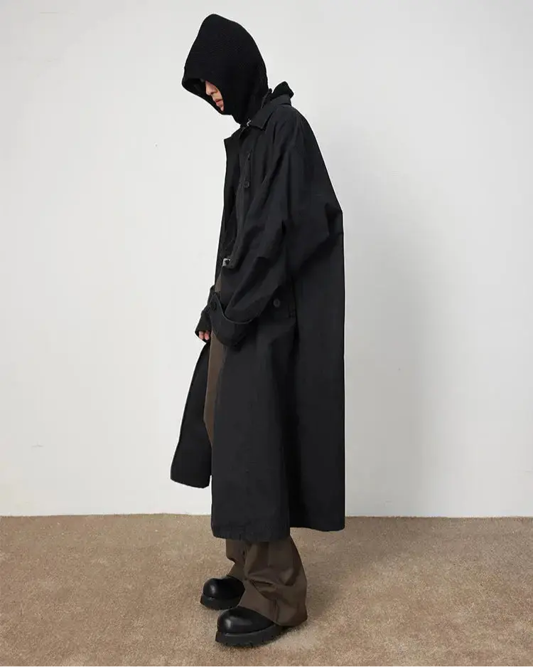 Mauroicardi Spring Autumn Oversized Long Flowy Trench Coat Men Turn-down Collar Single Breasted Loose Casual Black Clothes 2024 Hominus Denim