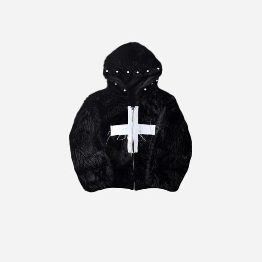 Mauroicardi Winter Short Cool Warm Soft Hairy Faux Fur Coat Men with Hood Rivet Luxury Designer Punk Style Clothes Fluffy Jacket Hominus Denim