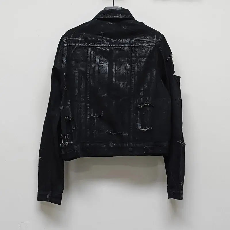 Men's Black Wax Coated Denim Jacket Vintage Stand Collardenim Jacket Button Up Coat Loose Fit American Casual Classic Outerwear Hominus Denim