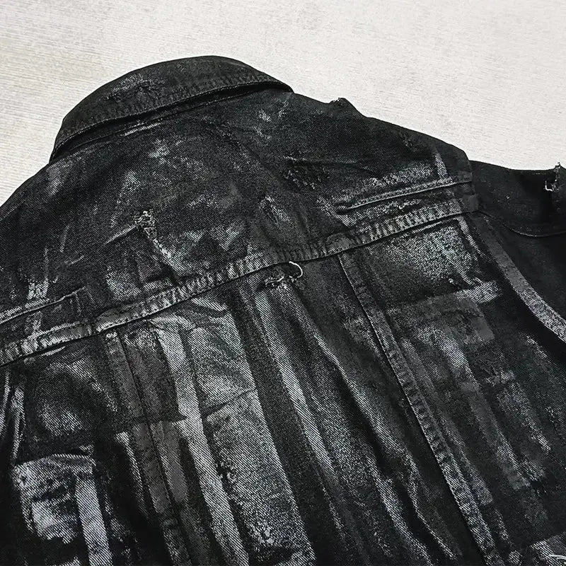 Men's Black Wax Coated Denim Jacket Vintage Stand Collardenim Jacket Button Up Coat Loose Fit American Casual Classic Outerwear Hominus Denim
