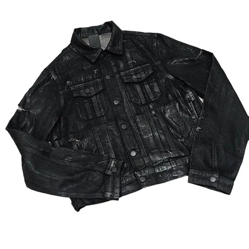 Men's Black Wax Coated Denim Jacket Vintage Stand Collardenim Jacket Button Up Coat Loose Fit American Casual Classic Outerwear Hominus Denim