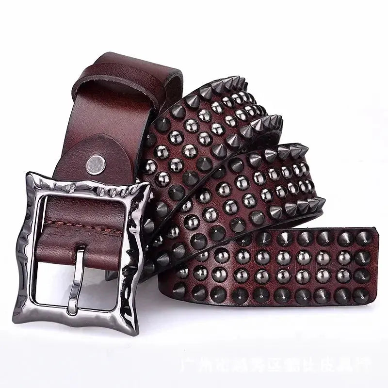 Men's Cowhide Leather Belt with Spike Rivet Studded Waistband for Jeans Fashion Accessories Hominus Denim