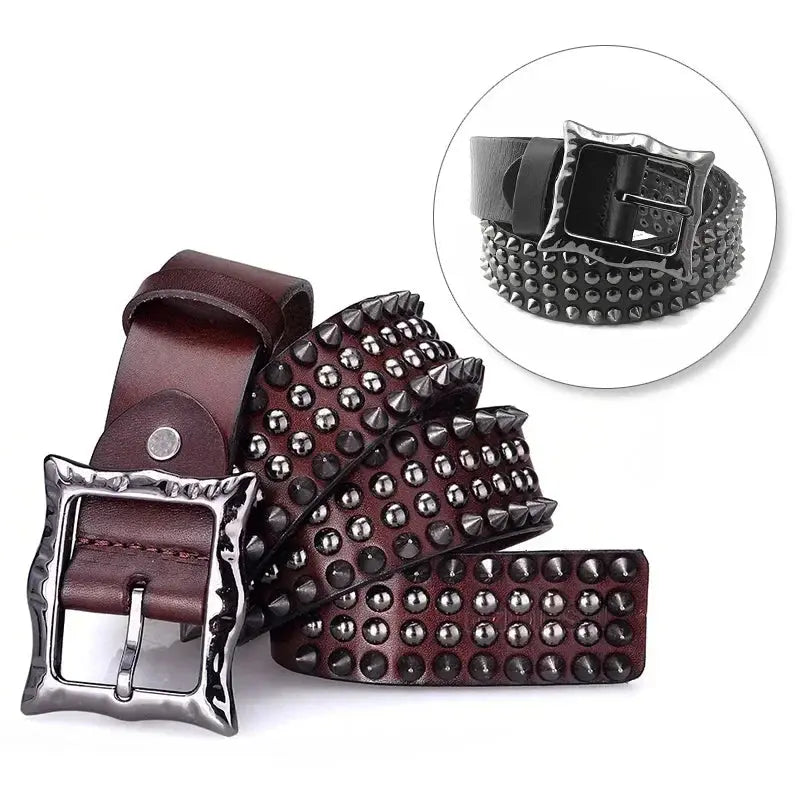 Men's Cowhide Leather Belt with Spike Rivet Studded Waistband for Jeans Fashion Accessories Hominus Denim