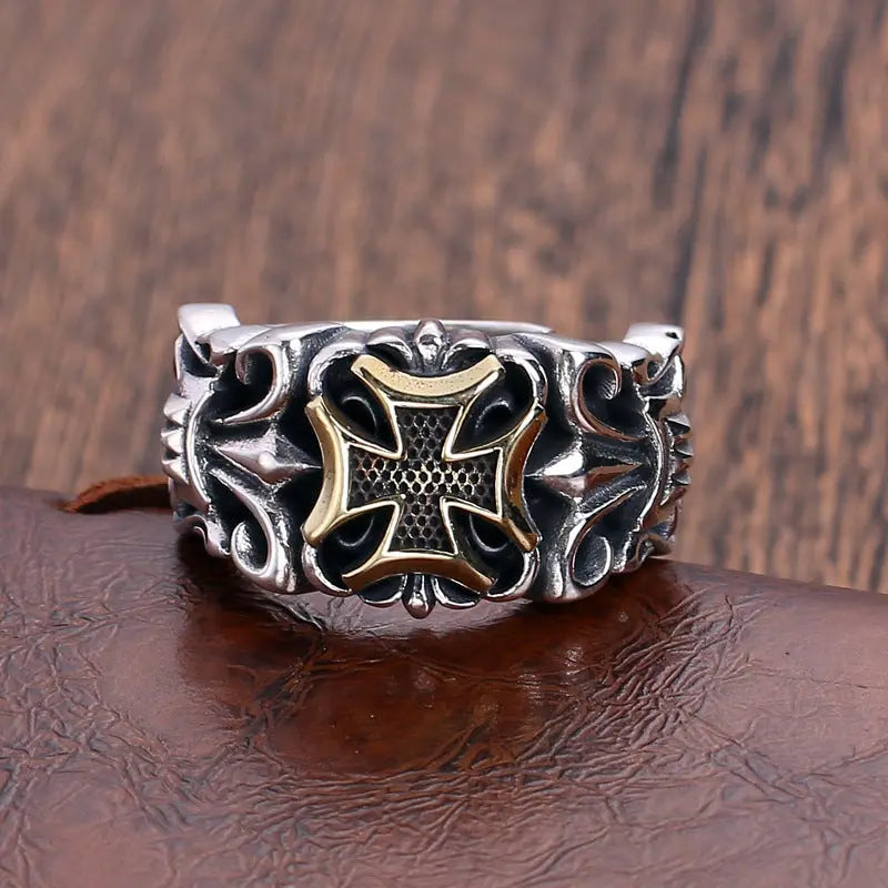 Men's Vintage Cross Adjustable Cuff Ring - Zinc Alloy, Hip Hop Gothic Style, No Plating - Versatile for Daily and Party Wear - All Season Compatible Hominus Denim