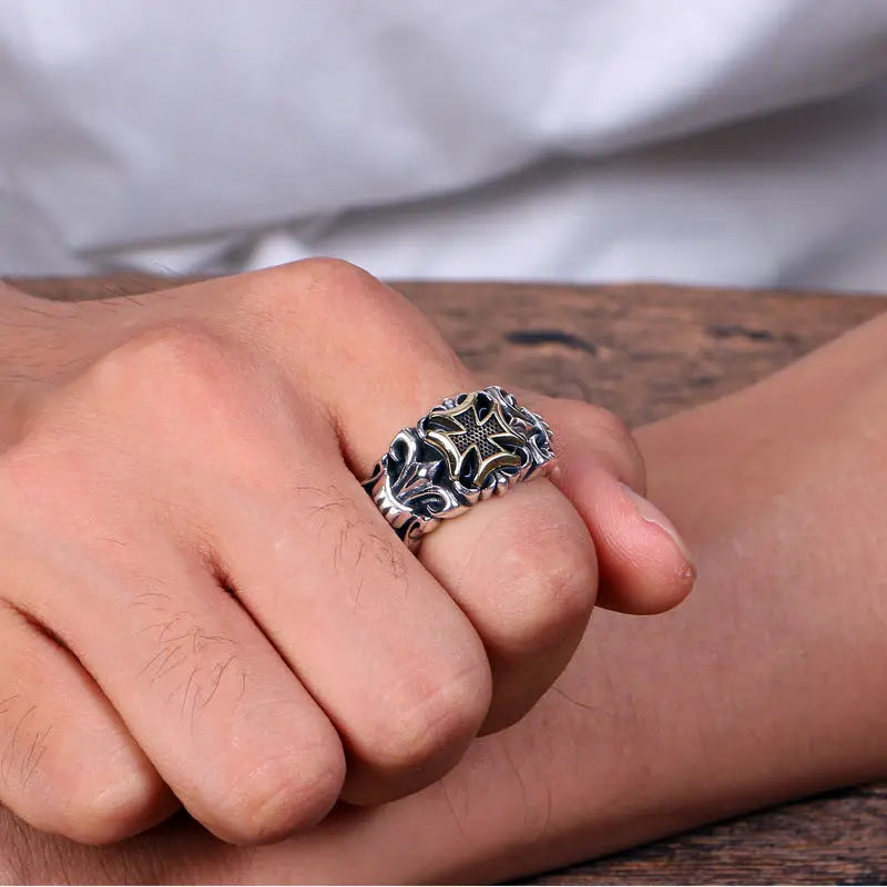 Men's Vintage Cross Adjustable Cuff Ring - Zinc Alloy, Hip Hop Gothic Style, No Plating - Versatile for Daily and Party Wear - All Season Compatible Hominus Denim