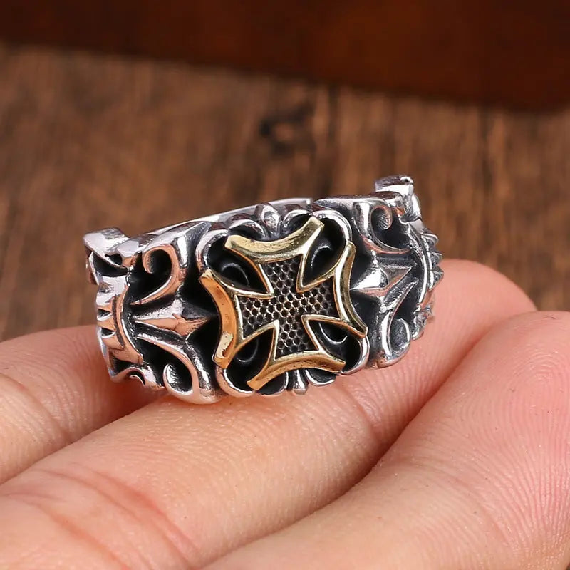 Men's Vintage Cross Adjustable Cuff Ring - Zinc Alloy, Hip Hop Gothic Style, No Plating - Versatile for Daily and Party Wear - All Season Compatible Hominus Denim