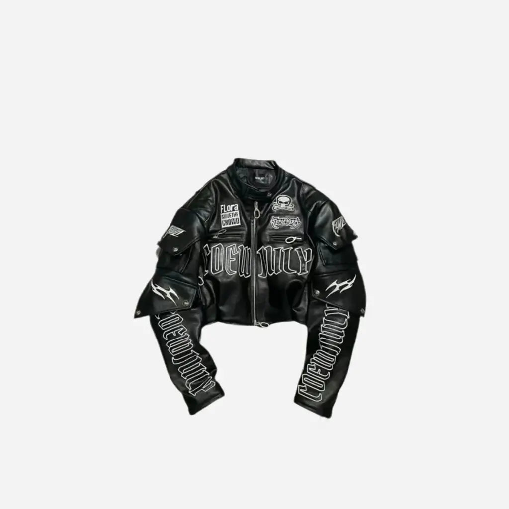 Motorcycle Gothic Embroidered Cropped Leather Jacket Hominus Denim