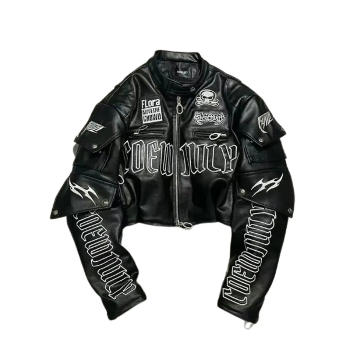 Motorcycle Gothic Embroidered Cropped Leather Jacket
