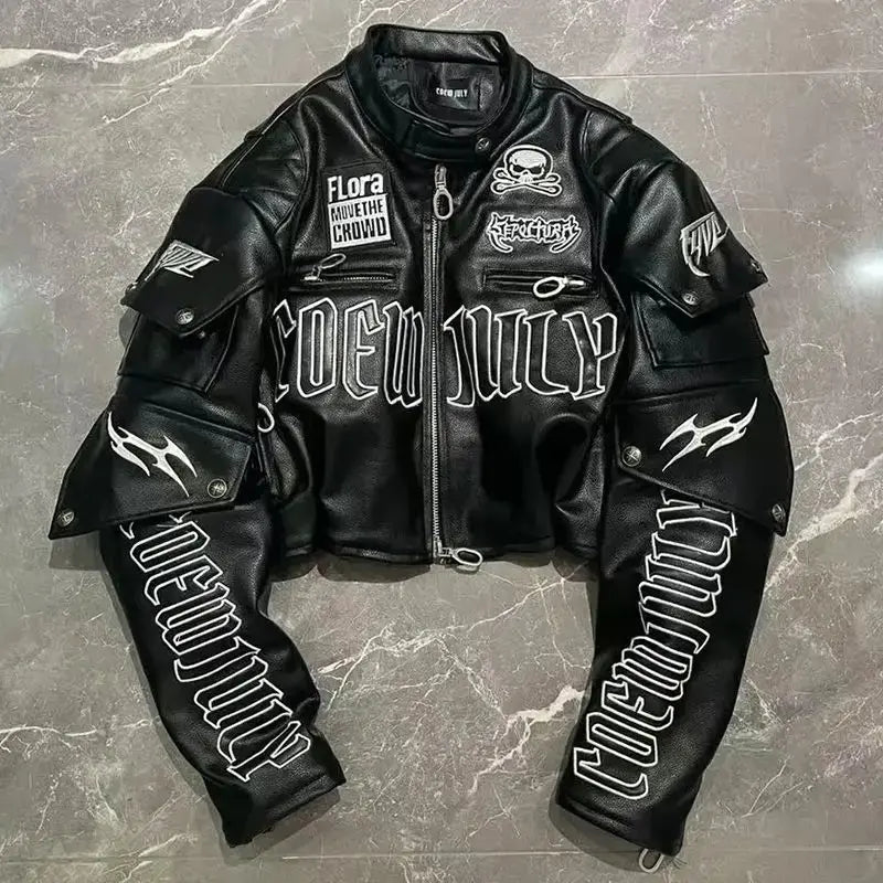 Motorcycle Gothic Embroidered Cropped Leather Jacket