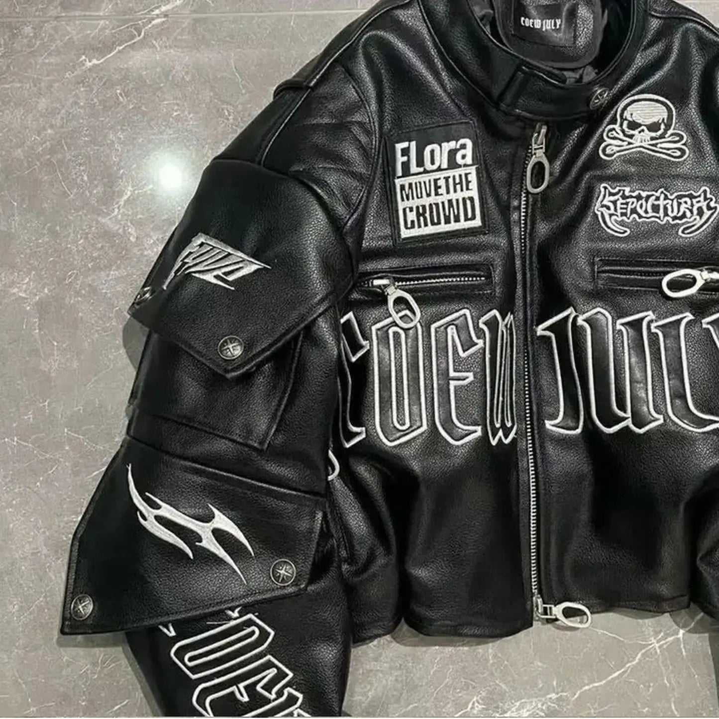 Motorcycle Gothic Embroidered Cropped Leather Jacket