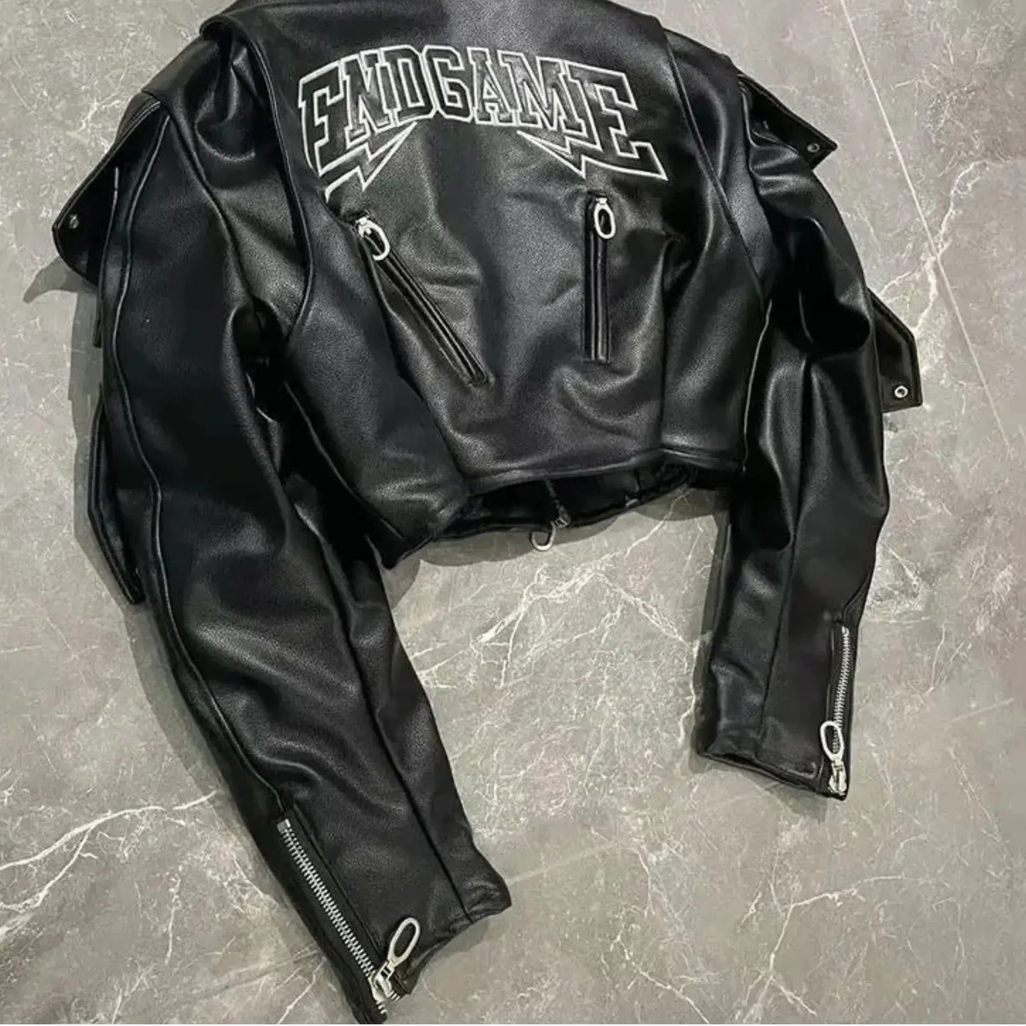 Motorcycle Gothic Embroidered Cropped Leather Jacket