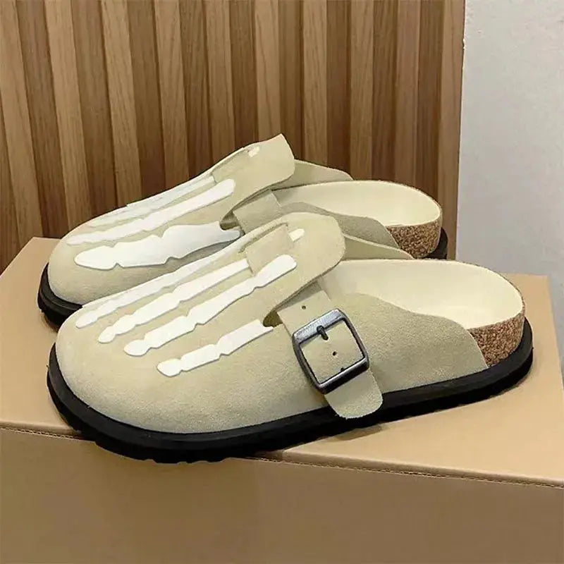 Nubuck Leather Skeleton Flat Slide Slipper - Hominus Denim
