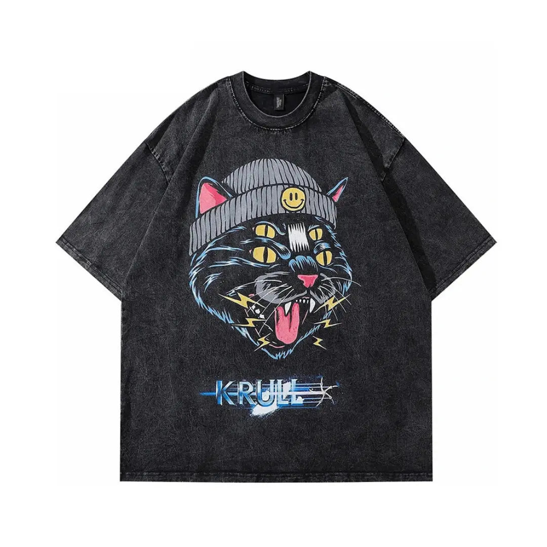 Oversized Black Cat Graphic Vintage Tee - Hominus Denim